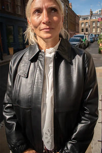 Yerse Black Leather Bomber Jacket