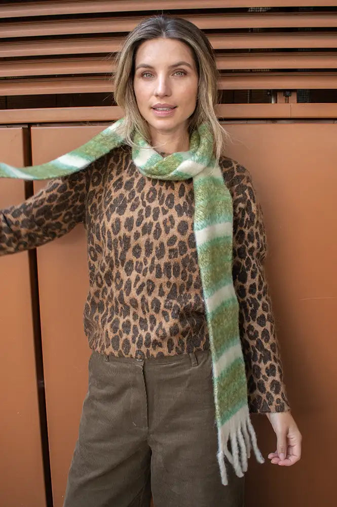 ICHI Safina Green Checked Skinny Scarf