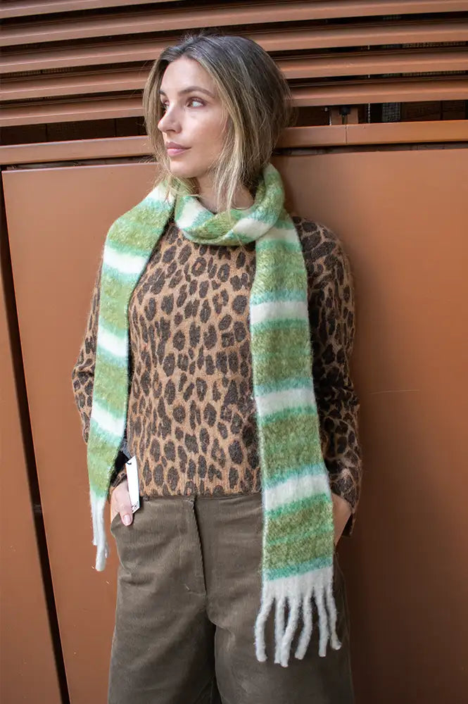 ICHI Safina Green Checked Skinny Scarf