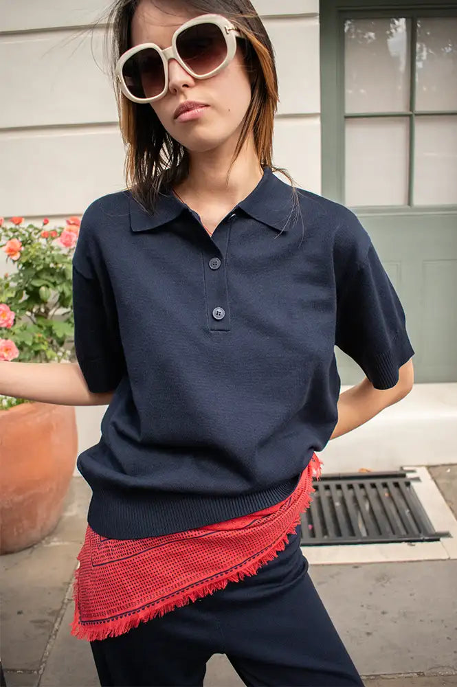 ICHI Luls Navy Short Sleeve Polo Top