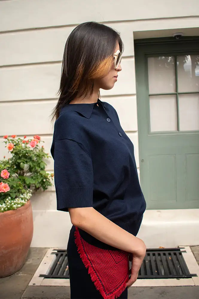 ICHI Luls Navy Short Sleeve Polo Top