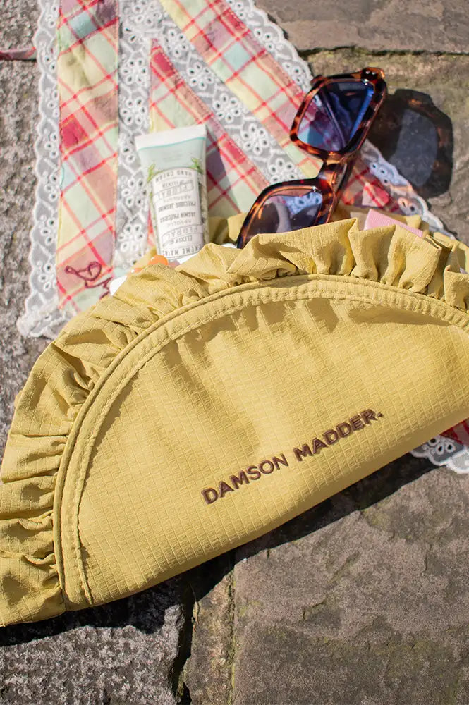 Damson Madder Celery Ruffle Half Moon Makeup Bag - The Mercantile London