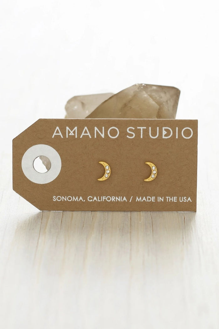 Amano Crescent Moon Crystal Stud Earrings - The Mercantile London