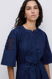 Yerse Navy Poplin Lace-Edged Dress - The Mercantile London