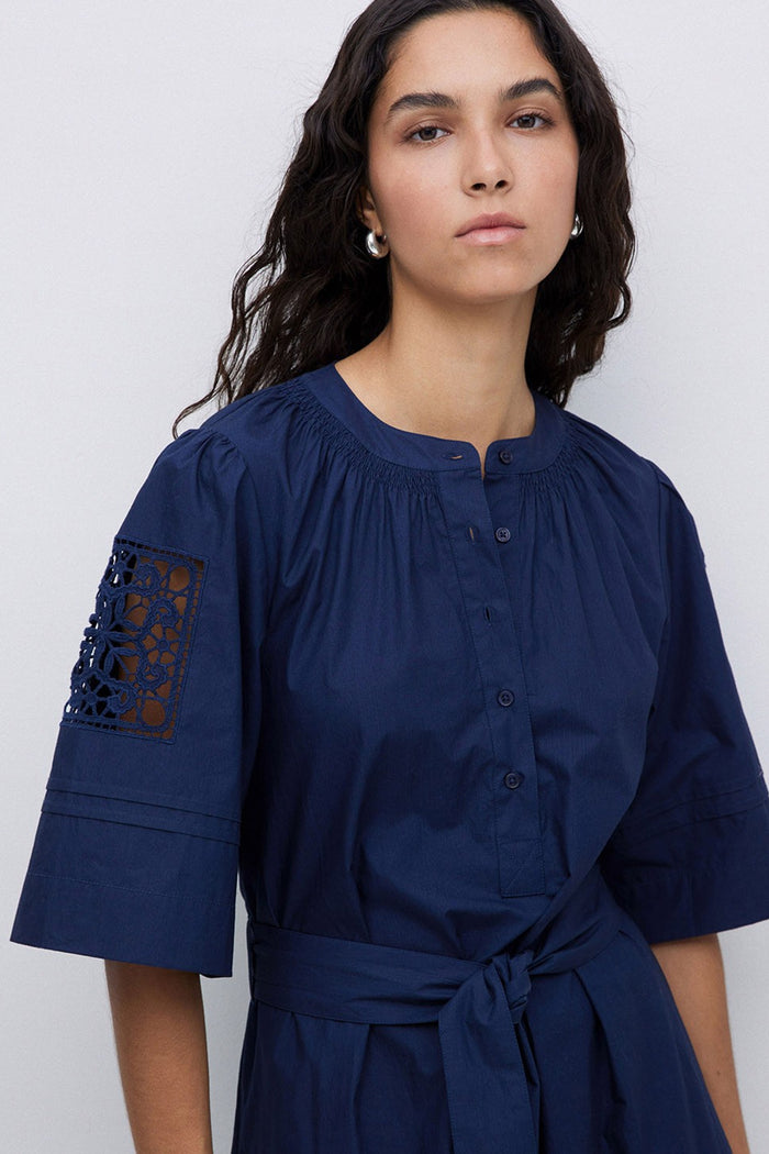 Yerse Navy Poplin Lace-Edged Dress - The Mercantile London