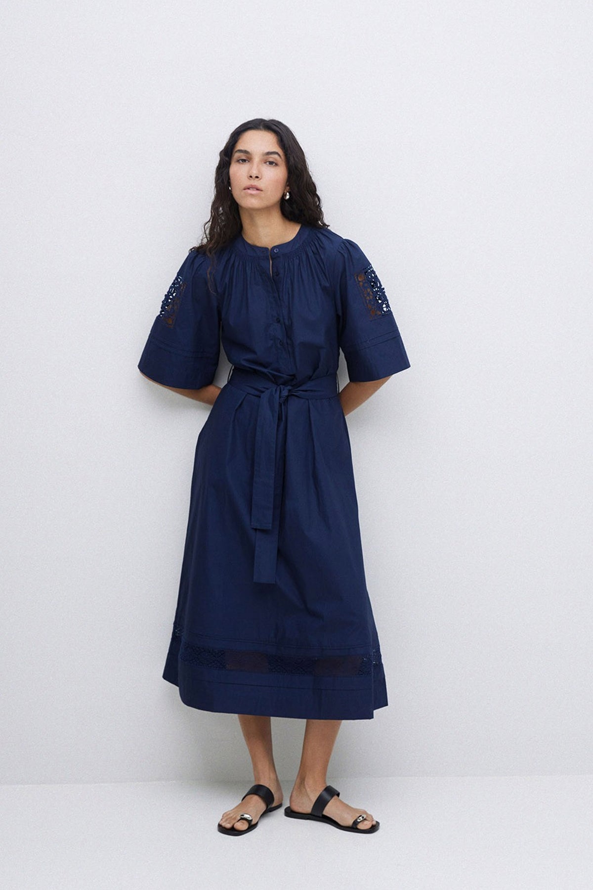 Yerse Navy Poplin Lace-Edged Dress - The Mercantile London