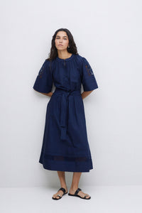 Yerse Navy Poplin Lace-Edged Dress - The Mercantile London
