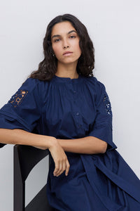 Yerse Navy Poplin Lace-Edged Dress - The Mercantile London