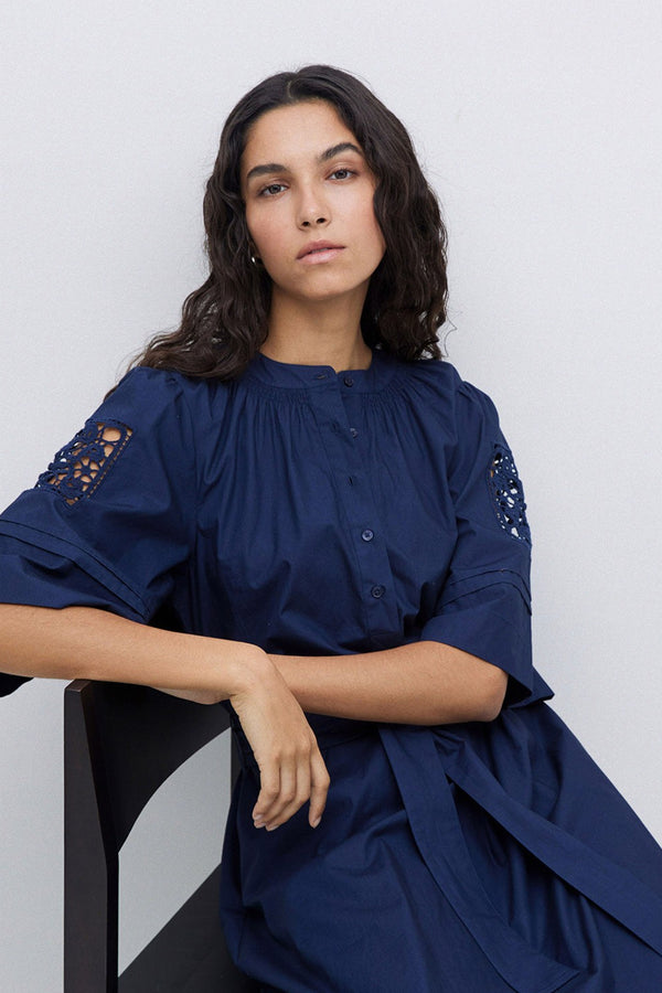 Yerse Navy Poplin Lace-Edged Dress - The Mercantile London