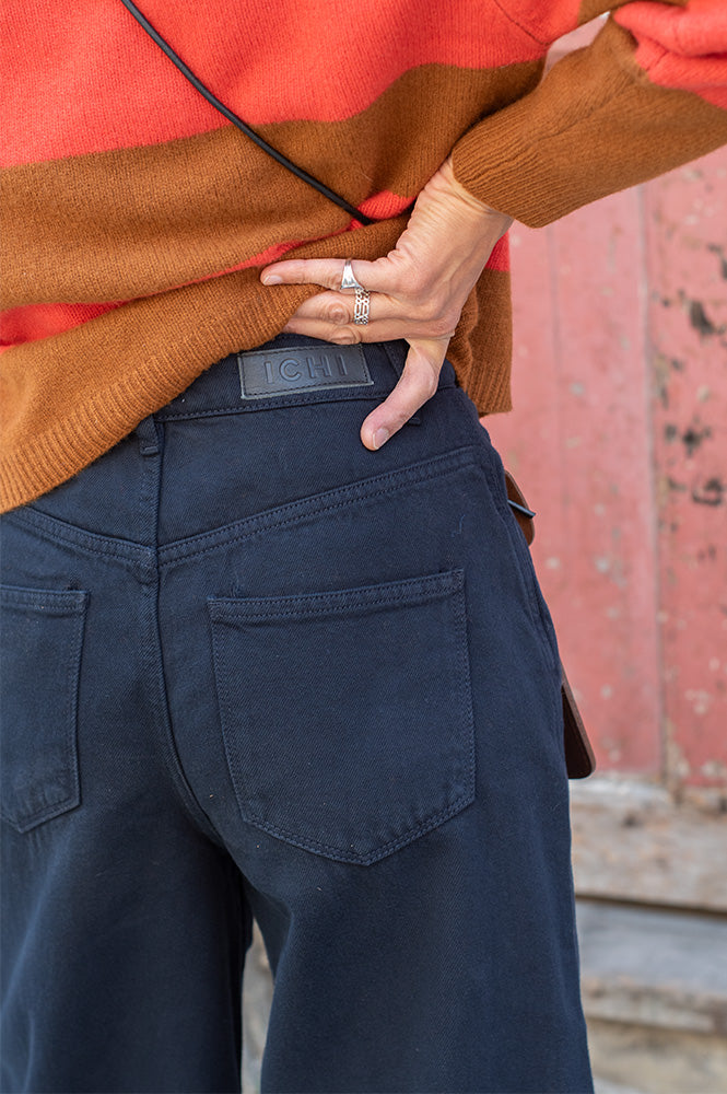 ICHI Hezano Navy Barrel Leg Trousers - The Mercantile London