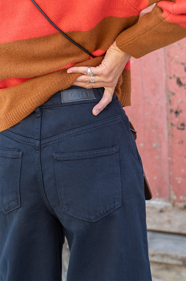 ICHI Hezano Navy Barrel Leg Trousers - The Mercantile London