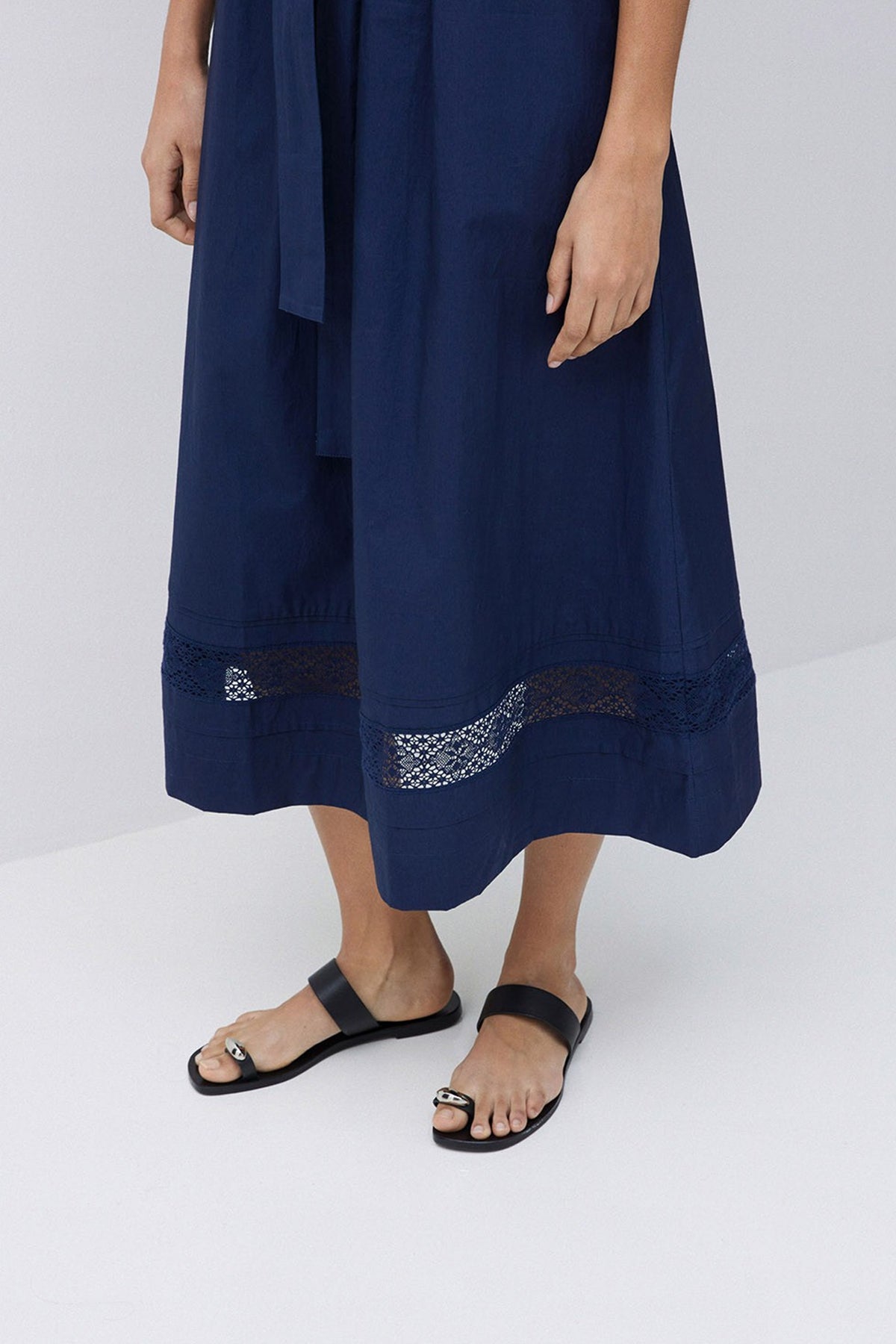 Yerse Navy Poplin Lace-Edged Dress - The Mercantile London