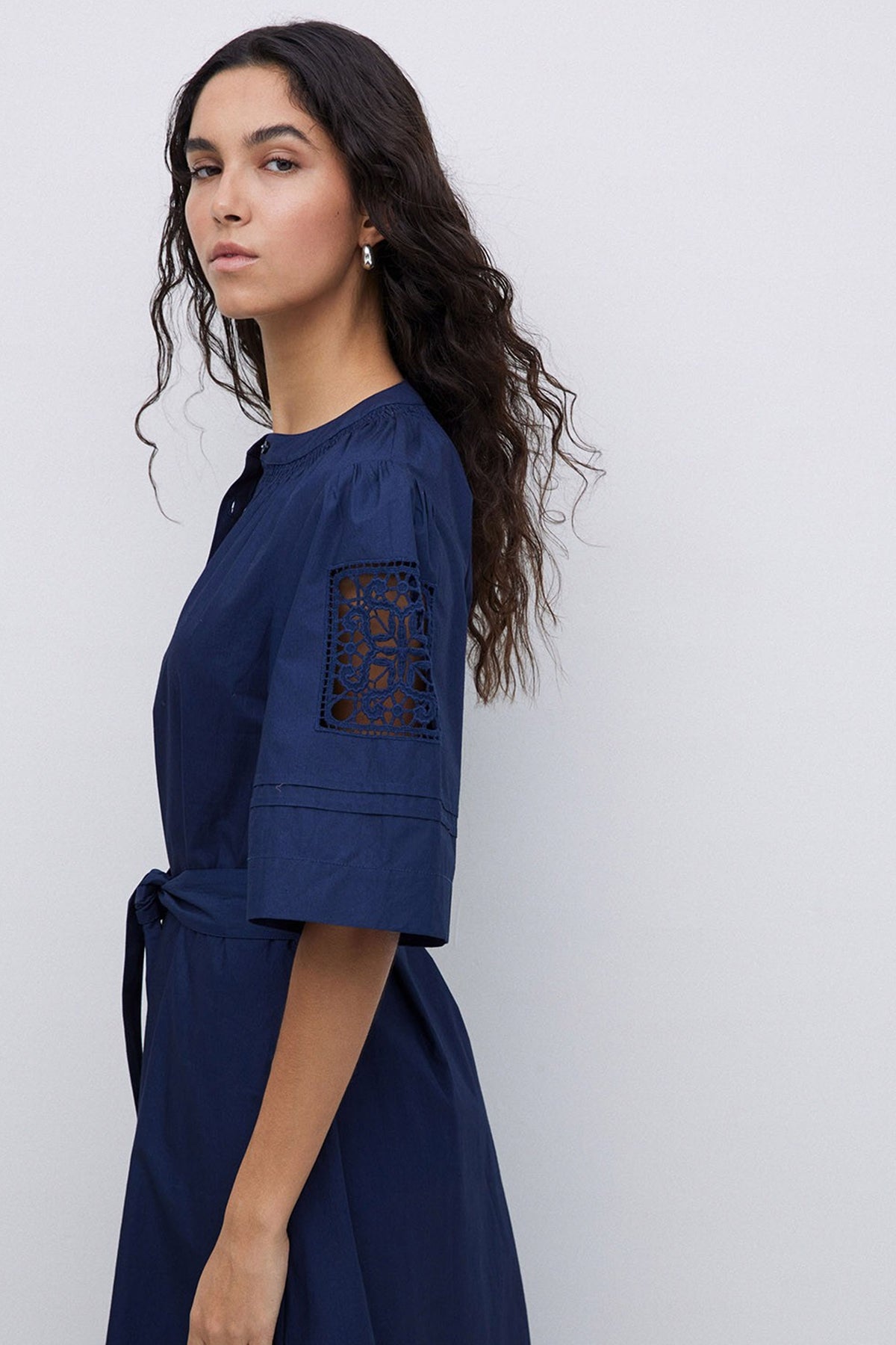 Yerse Navy Poplin Lace-Edged Dress - The Mercantile London