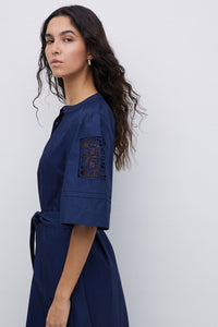 Yerse Navy Poplin Lace-Edged Dress - The Mercantile London