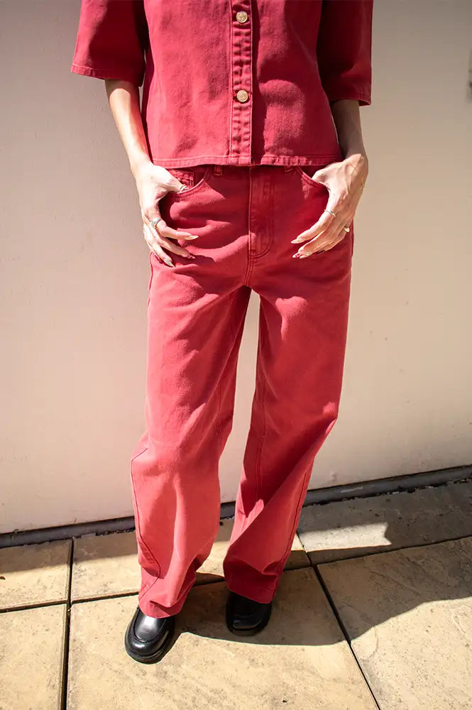 Numph Hamilton Washed Mulberry Red HR Wide Jeans