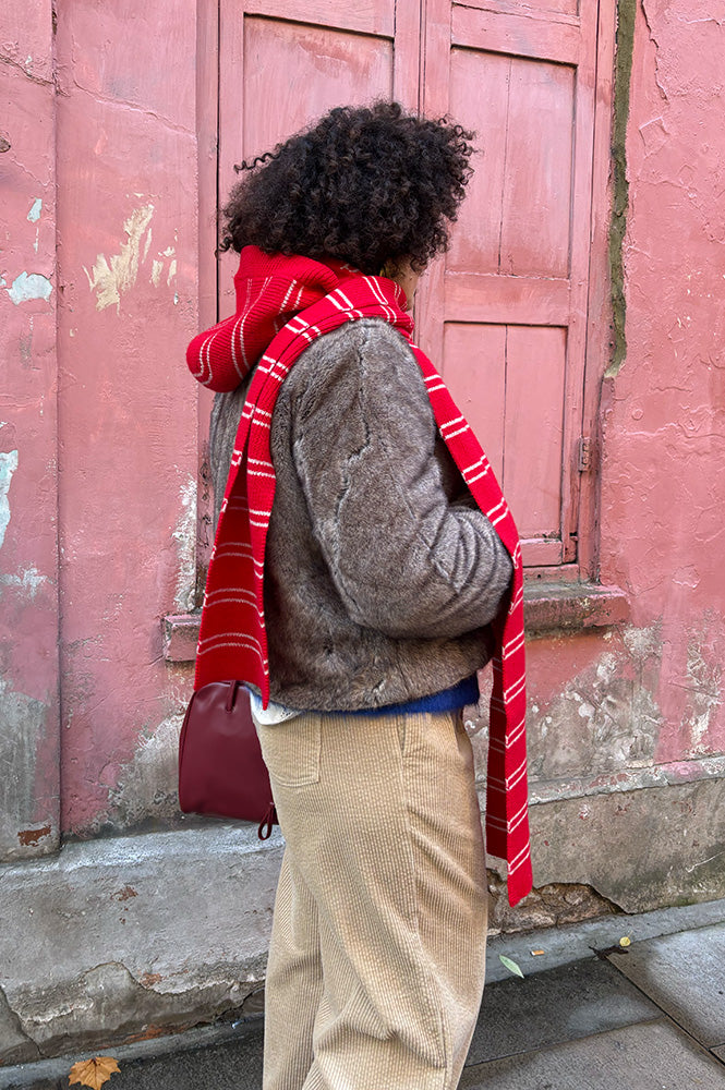 Damson Madder Red And Oatmeal Hooded Scarf