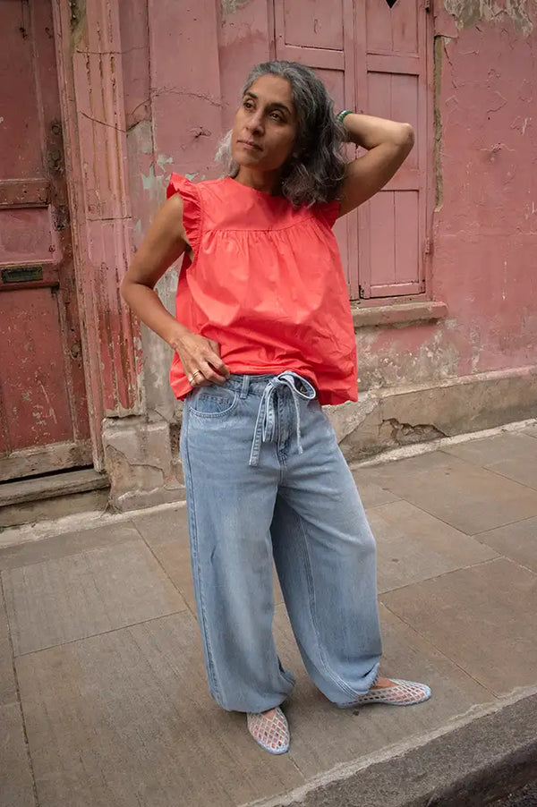 Frau Stockholm Hot Coral Frill Blouse