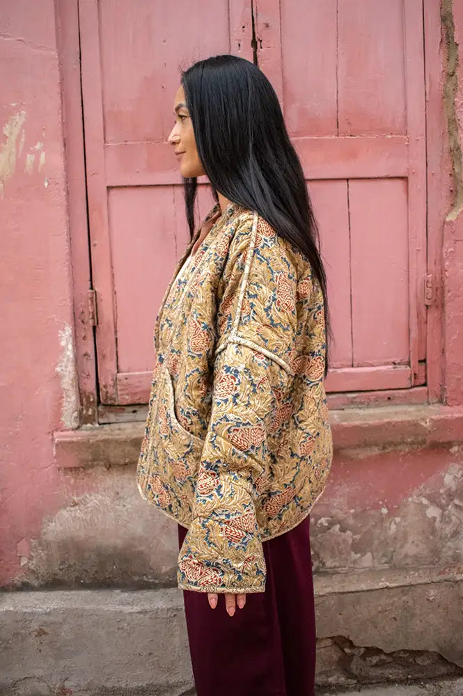 Cotton Conscious Ochre Block Print Reversible Kimono Jacket