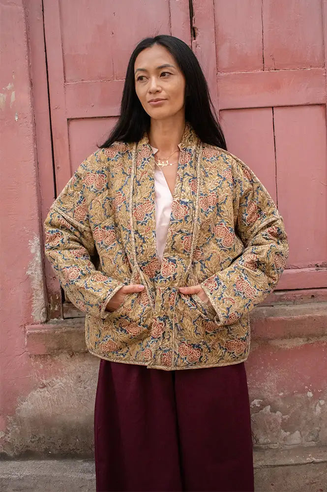 Cotton Conscious Ochre Block Print Reversible Kimono Jacket