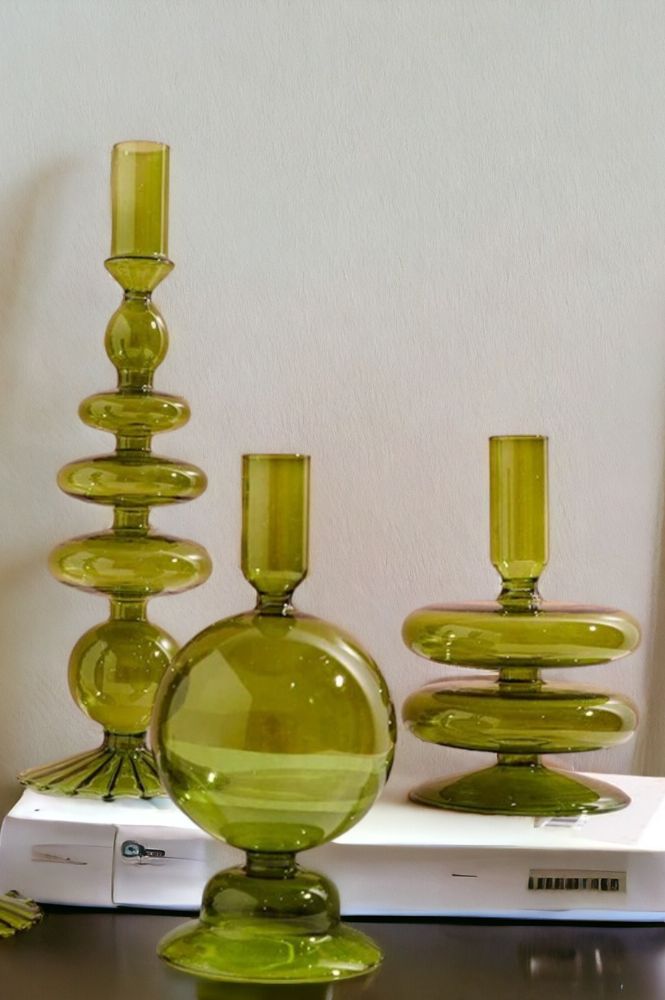 Ivore Olive Green Glass Candlestick Holder - The Mercantile London