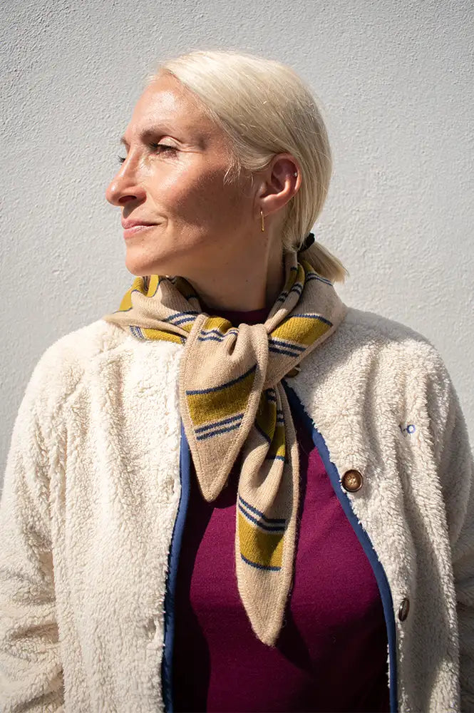 Nice Things Light Beige & Olive Striped Triangle Scarf