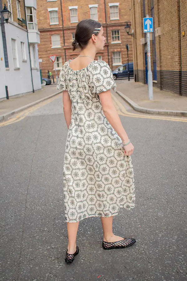 Emin + Paul Lace Shirred Beige Puff Sleeve Dress - The Mercantile London