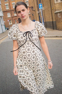 Emin + Paul Lace Shirred Beige Puff Sleeve Dress - The Mercantile London