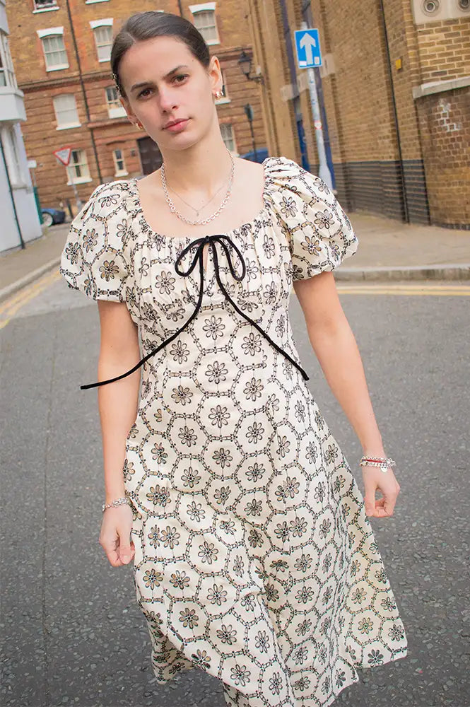 Emin + Paul Lace Shirred Beige Puff Sleeve Dress - The Mercantile London
