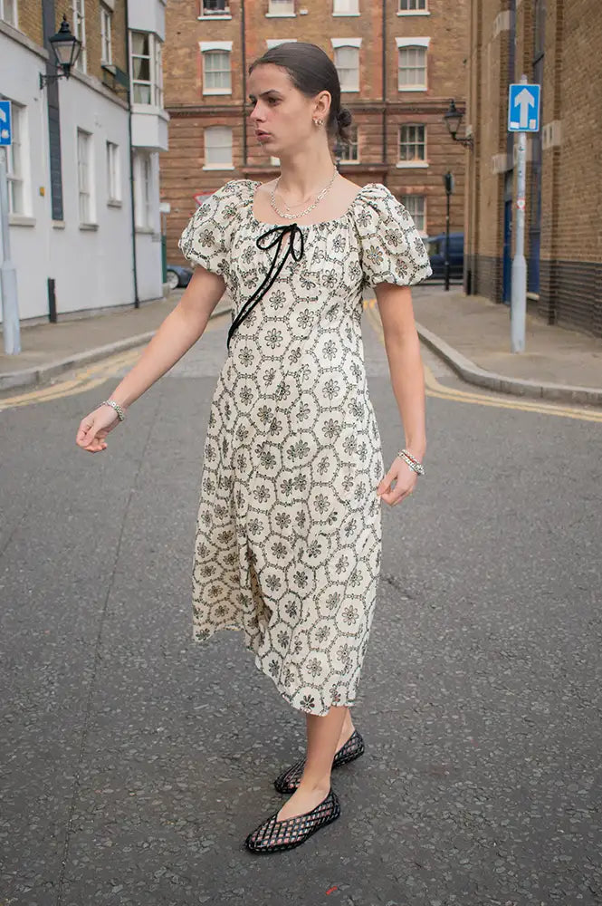 Emin + Paul Lace Shirred Beige Puff Sleeve Dress - The Mercantile London