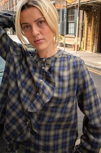JcSophie Pearl Blue Check Ruffle Blouse