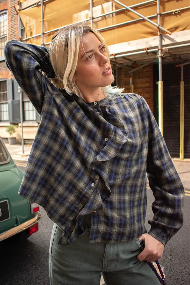 JcSophie Pearl Blue Check Ruffle Blouse