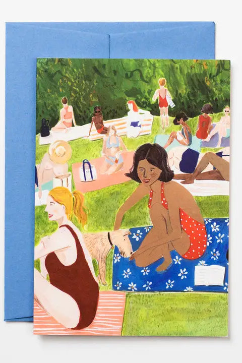 Card with a colorful illustration of people at a pool party, featuring a blue envelope.
