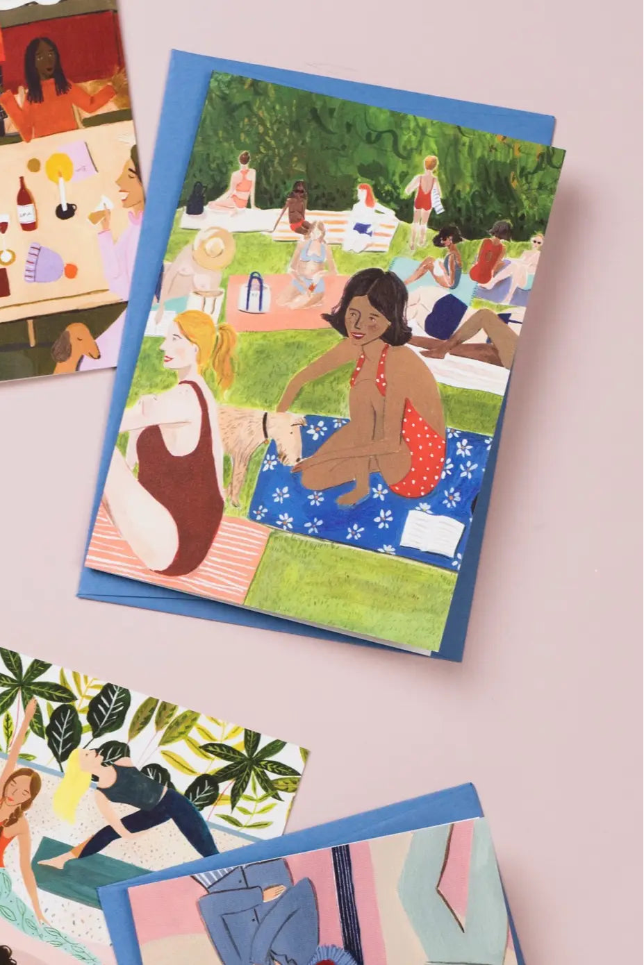 Set of illustrated greeting cards featuring people in outdoor settings.
