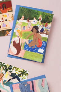 Set of illustrated greeting cards featuring people in outdoor settings.