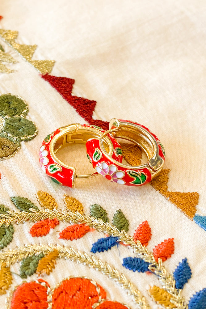 Red Floral Enamel Hoop Earrings - The Mercantile London