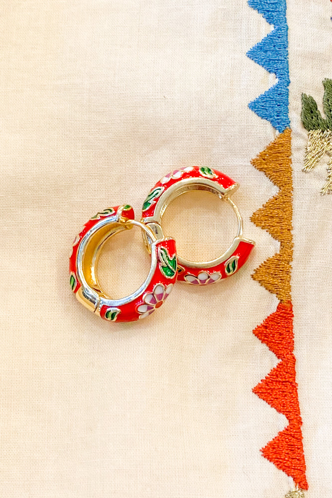 Red Floral Enamel Hoop Earrings - The Mercantile London