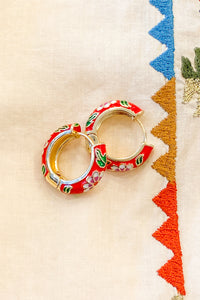 Red Floral Enamel Hoop Earrings - The Mercantile London