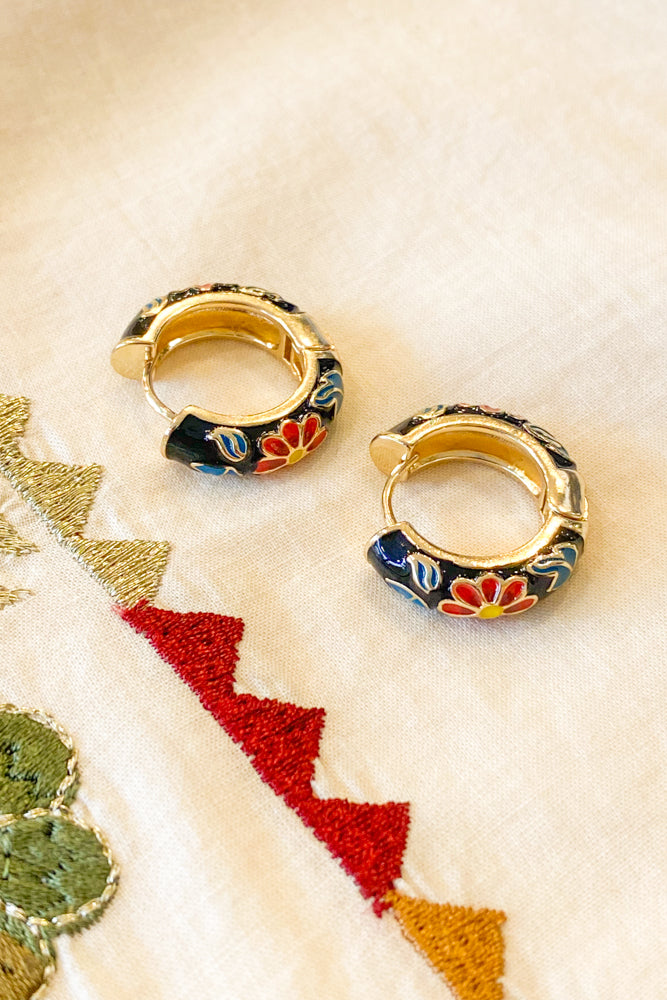 Black Floral Enamel Hoop Earrings - The Mercantile London