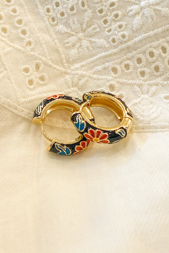 Black Floral Enamel Hoop Earrings - The Mercantile London