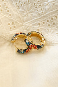 Black Floral Enamel Hoop Earrings - The Mercantile London