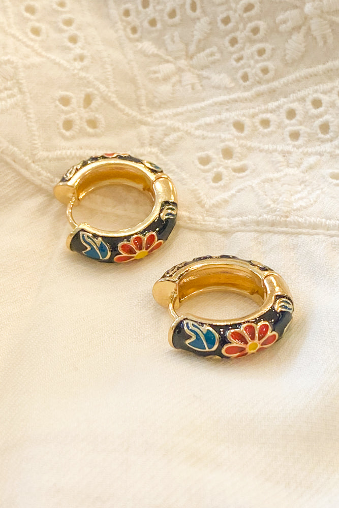 Black Floral Enamel Hoop Earrings - The Mercantile London