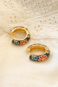 Black Floral Enamel Hoop Earrings - The Mercantile London