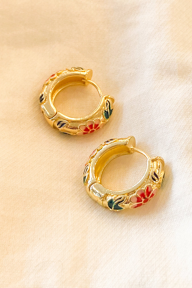 Pink Floral Enamel Hoop Earrings - The Mercantile London