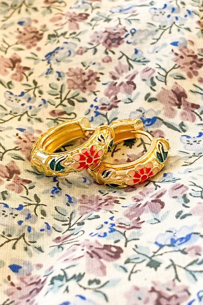 Pink Floral Enamel Hoop Earrings - The Mercantile London
