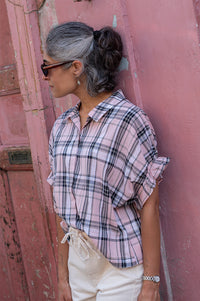 ICHI Sami Pink And Navy Checked Shirt - The Mercantile London