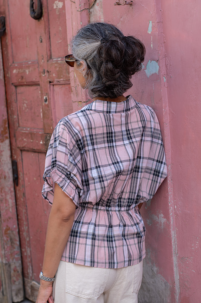 ICHI Sami Pink And Navy Checked Shirt - The Mercantile London