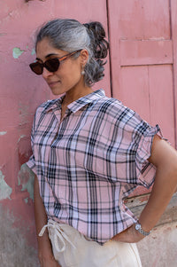 ICHI Sami Pink And Navy Checked Shirt - The Mercantile London