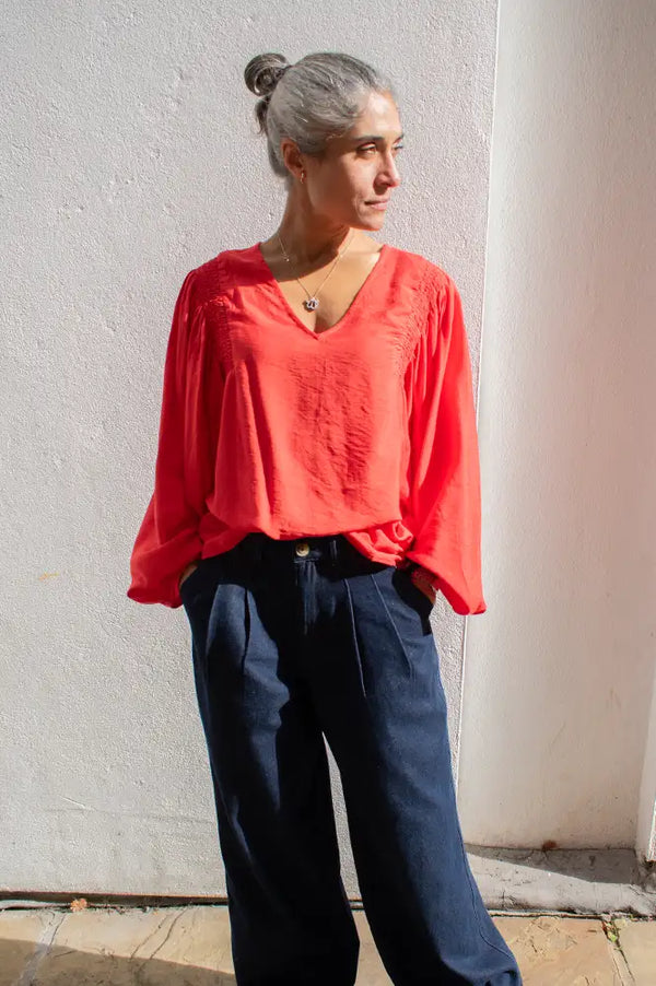 ICHI Melda Poinsetta Gathered Blouse