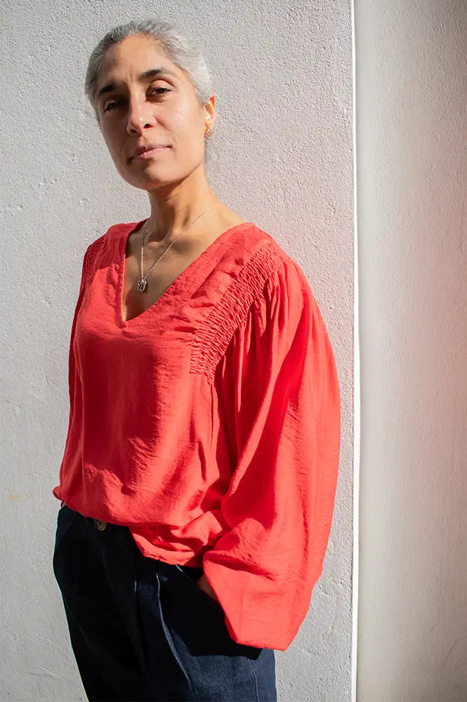 ICHI Melda Poinsetta Gathered Blouse