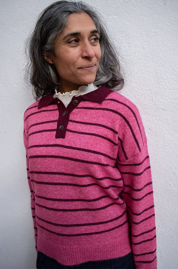 ICHI Sage Fruit Dove Stripe Knitted Polo
